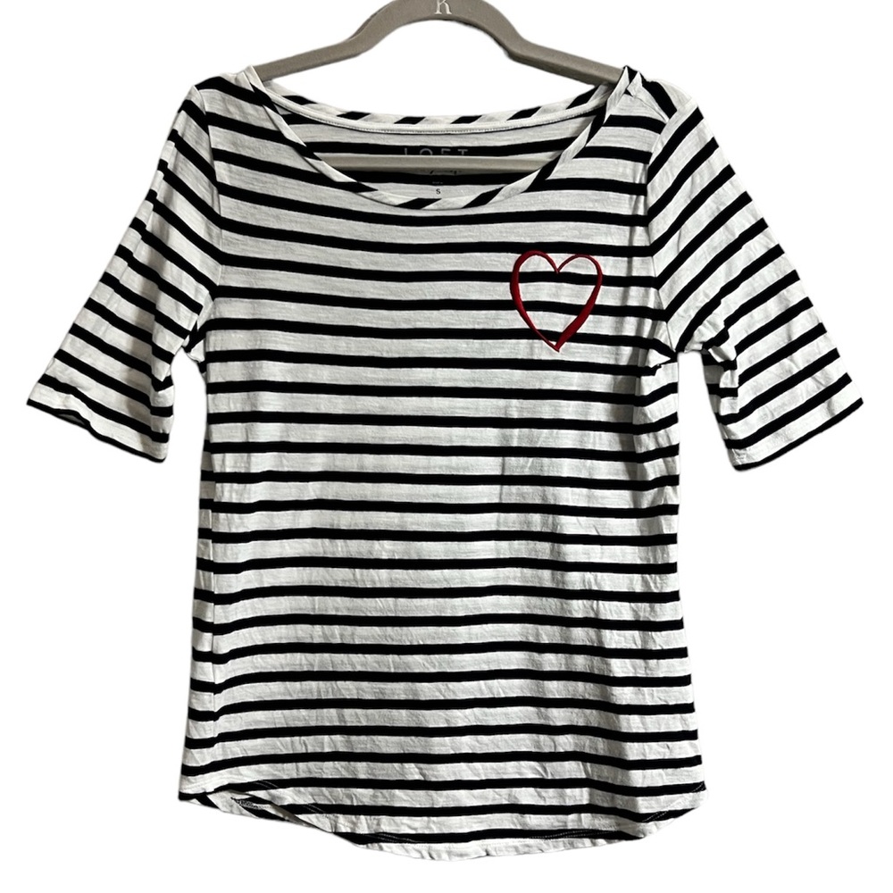 Loft White and Navy Stripe Heart Tee